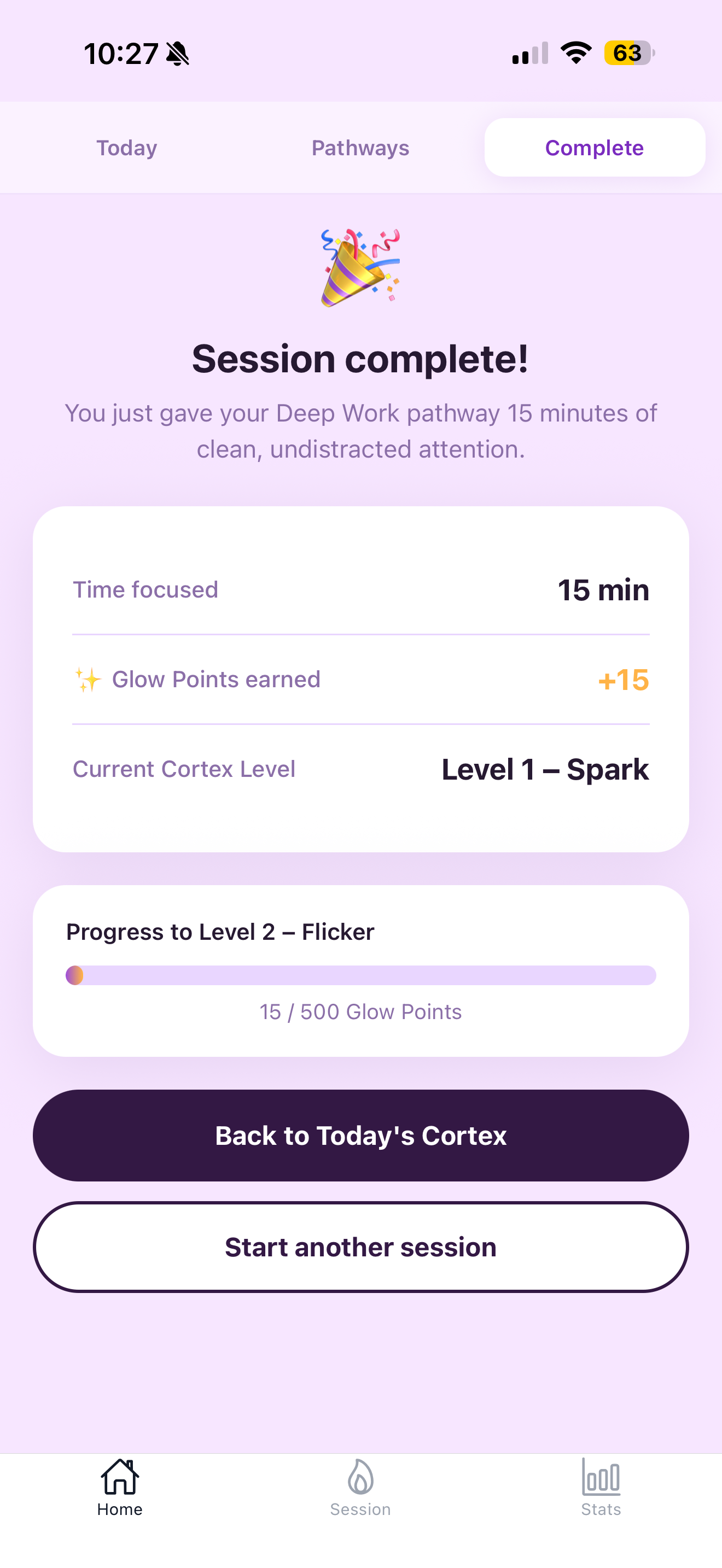 Cortex Lantern session complete screen